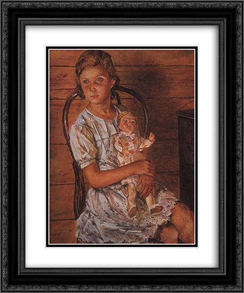 Girl with a Doll 20x24 Black Ornate Wood Framed Art Print Poster with Double Matting by Petrov Vodkin, Kuzma