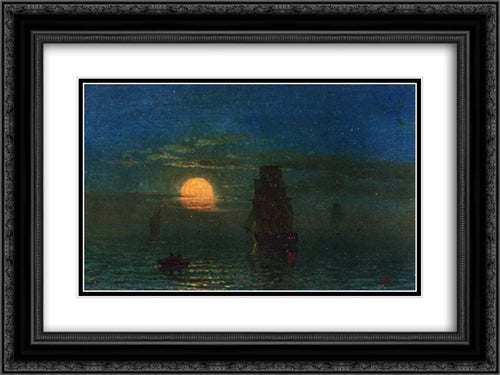 Ships in Moonlight 24x18 Black Ornate Wood Framed Art Print Poster with Double Matting by Bierstadt, Albert