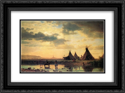 View of Chimney Rock, Ogalillalh Sioux Village in Foreground 24x18 Black Ornate Wood Framed Art Print Poster with Double Matting by Bierstadt, Albert