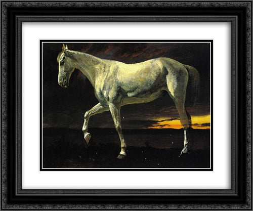 White Horse and Sunset 24x20 Black Ornate Wood Framed Art Print Poster with Double Matting by Bierstadt, Albert