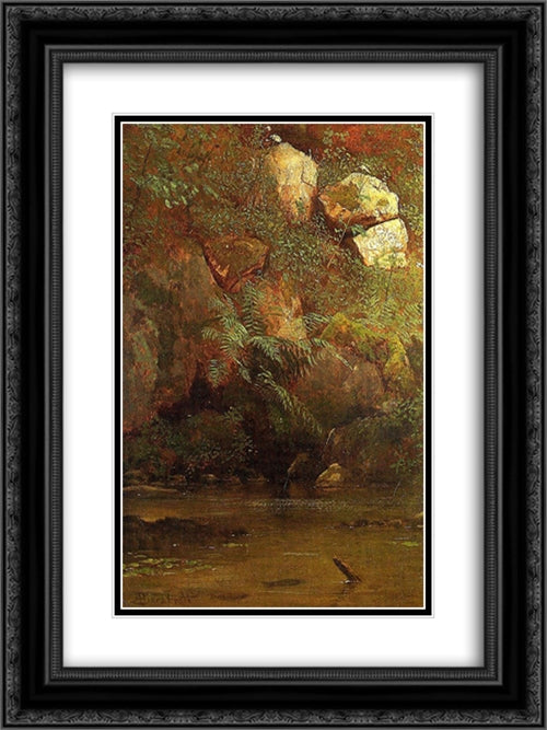 Ferns and Rocks on an Embankment 18x24 Black Ornate Wood Framed Art Print Poster with Double Matting by Bierstadt, Albert