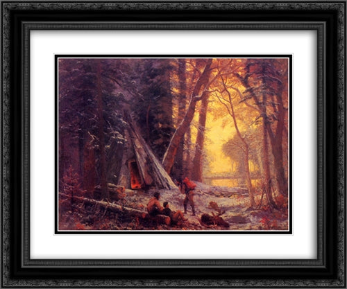 Moose Hunters Camp 24x20 Black Ornate Wood Framed Art Print Poster with Double Matting by Bierstadt, Albert