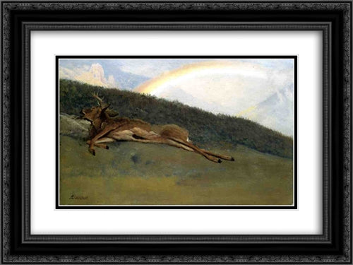 Rainbow over a Fallen Stag 24x18 Black Ornate Wood Framed Art Print Poster with Double Matting by Bierstadt, Albert