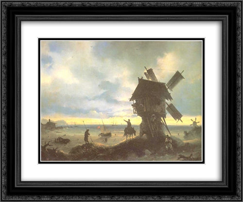 Windmill on the Sea Coast 24x20 Black Ornate Wood Framed Art Print Poster with Double Matting by Aivazovsky, Ivan