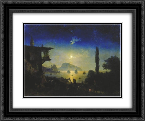 Moonlit Night on the Crimea. Gurzuf 24x20 Black Ornate Wood Framed Art Print Poster with Double Matting by Aivazovsky, Ivan