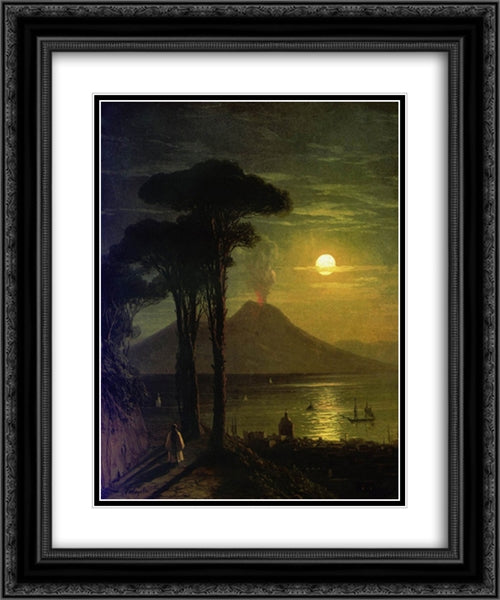 The Bay of Naples at moonlit night. Vesuvius 20x24 Black Ornate Wood Framed Art Print Poster with Double Matting by Aivazovsky, Ivan