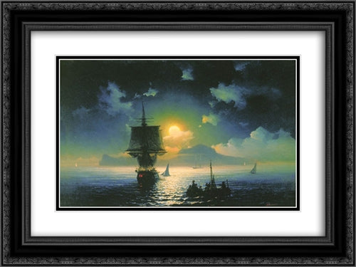 Lunar night on Capri 24x18 Black Ornate Wood Framed Art Print Poster with Double Matting by Aivazovsky, Ivan