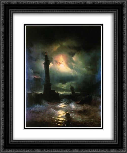 Neapolitan Lighthouse 20x24 Black Ornate Wood Framed Art Print Poster with Double Matting by Aivazovsky, Ivan