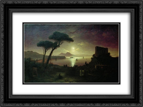 The Bay of Naples at moonlit night 24x18 Black Ornate Wood Framed Art Print Poster with Double Matting by Aivazovsky, Ivan