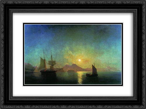 The Bay of Naples by Moonlight 24x18 Black Ornate Wood Framed Art Print Poster with Double Matting by Aivazovsky, Ivan