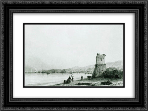 The tower of Genoa 24x18 Black Ornate Wood Framed Art Print Poster with Double Matting by Aivazovsky, Ivan