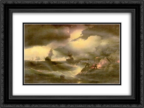 Peter the First to light out a watch fire 24x18 Black Ornate Wood Framed Art Print Poster with Double Matting by Aivazovsky, Ivan