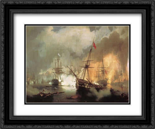 The Battle of Navarino 24x20 Black Ornate Wood Framed Art Print Poster with Double Matting by Aivazovsky, Ivan