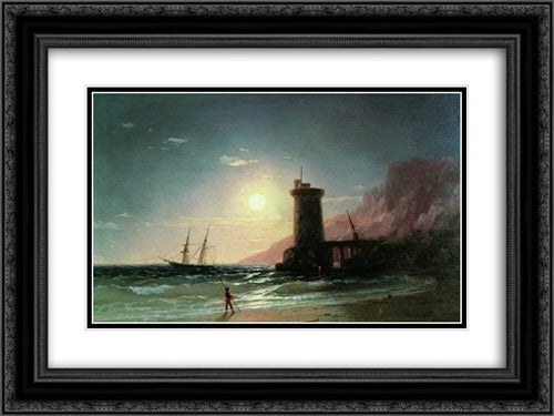 Seascape with Moon 24x18 Black Ornate Wood Framed Art Print Poster with Double Matting by Aivazovsky, Ivan