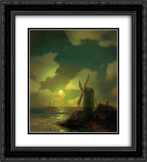 Windmill on the Sea Coast 20x22 Black Ornate Wood Framed Art Print Poster with Double Matting by Aivazovsky, Ivan