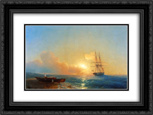 Fishermen on the coast of the sea 24x18 Black Ornate Wood Framed Art Print Poster with Double Matting by Aivazovsky, Ivan