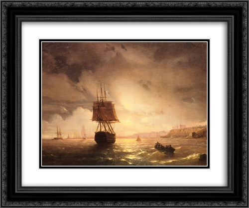 The Harbor At Odessa On The Black Sea 24x20 Black Ornate Wood Framed Art Print Poster with Double Matting by Aivazovsky, Ivan