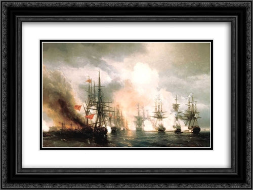 Russian-Turkish Sea Battle of Sinop on 18th November 1853 24x18 Black Ornate Wood Framed Art Print Poster with Double Matting by Aivazovsky, Ivan