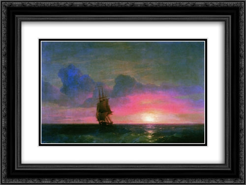 Sunset. A lone sailboat 24x18 Black Ornate Wood Framed Art Print Poster with Double Matting by Aivazovsky, Ivan