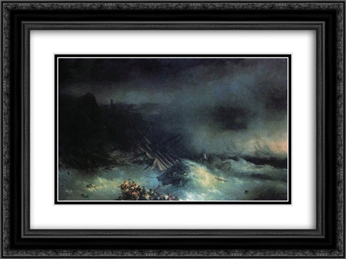 Tempest. Shipwreck of the foreign ship 24x18 Black Ornate Wood Framed Art Print Poster with Double Matting by Aivazovsky, Ivan