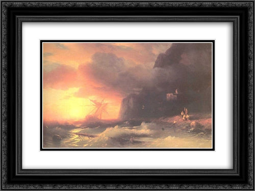 The Shipwreck near mountain of Aphon 24x18 Black Ornate Wood Framed Art Print Poster with Double Matting by Aivazovsky, Ivan