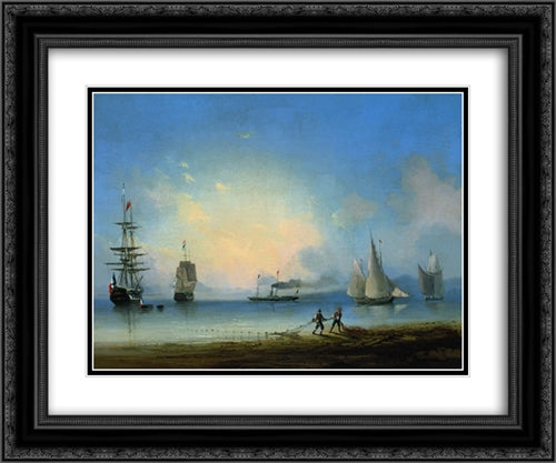 Russian and French frigates 24x20 Black Ornate Wood Framed Art Print Poster with Double Matting by Aivazovsky, Ivan