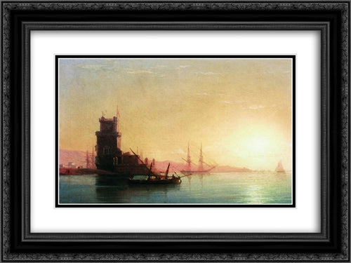 Lisbon. Sunrise 24x18 Black Ornate Wood Framed Art Print Poster with Double Matting by Aivazovsky, Ivan