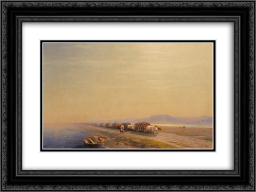 Ox train on the sea shore 24x18 Black Ornate Wood Framed Art Print Poster with Double Matting by Aivazovsky, Ivan