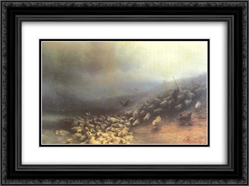 Flock of sheep at gale 24x18 Black Ornate Wood Framed Art Print Poster with Double Matting by Aivazovsky, Ivan