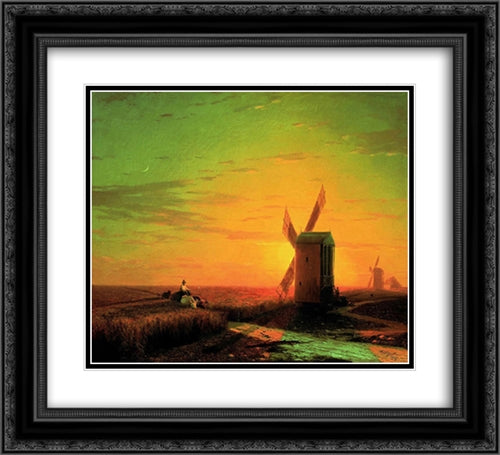 Windmills in the Ukrainian steppe at sunset 22x20 Black Ornate Wood Framed Art Print Poster with Double Matting by Aivazovsky, Ivan