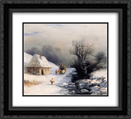 Little Russian Ox Cart in Winter 22x20 Black Ornate Wood Framed Art Print Poster with Double Matting by Aivazovsky, Ivan