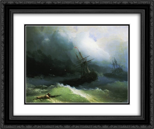 Ships in the stormy sea 24x20 Black Ornate Wood Framed Art Print Poster with Double Matting by Aivazovsky, Ivan