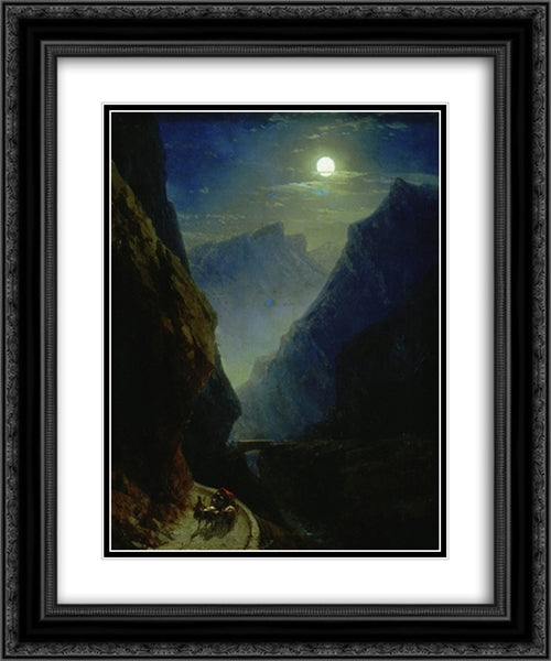 Darial Gorge. Moon night 20x24 Black Ornate Wood Framed Art Print Poster with Double Matting by Aivazovsky, Ivan