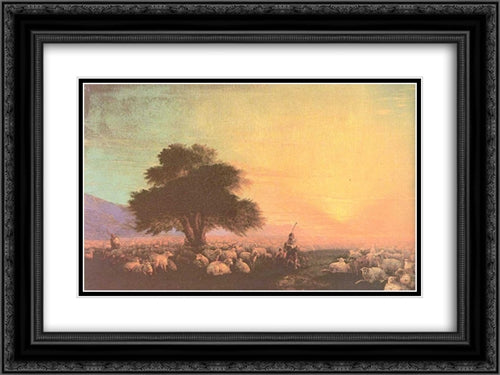 Flock of sheep with herdsmen unset 24x18 Black Ornate Wood Framed Art Print Poster with Double Matting by Aivazovsky, Ivan