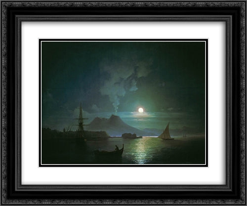 The Bay of Naples at moonlit night. Vesuvius 24x20 Black Ornate Wood Framed Art Print Poster with Double Matting by Aivazovsky, Ivan