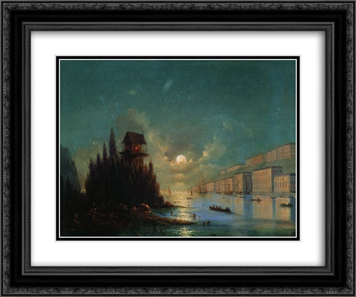 View of seaside town in the evening with a lighthouse 24x20 Black Ornate Wood Framed Art Print Poster with Double Matting by Aivazovsky, Ivan