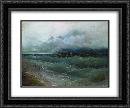 Ships in the stormy sea. Sunrise 24x20 Black Ornate Wood Framed Art Print Poster with Double Matting by Aivazovsky, Ivan