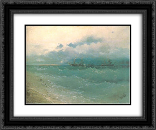 The ships on rough sea, sunrise 24x20 Black Ornate Wood Framed Art Print Poster with Double Matting by Aivazovsky, Ivan