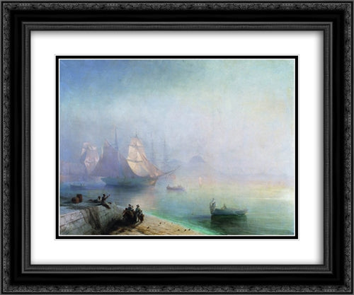 The Bay of Naples on misty morning 24x20 Black Ornate Wood Framed Art Print Poster with Double Matting by Aivazovsky, Ivan