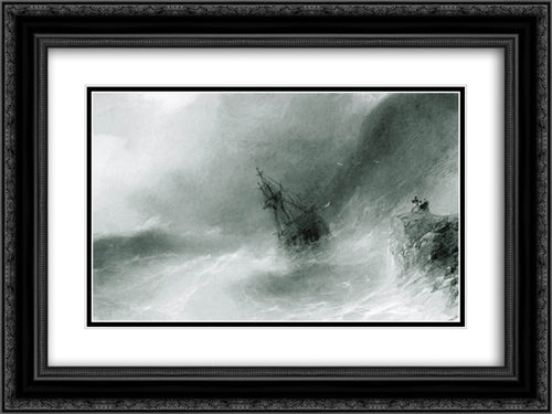 The ship thrown on the rocks 24x18 Black Ornate Wood Framed Art Print Poster with Double Matting by Aivazovsky, Ivan