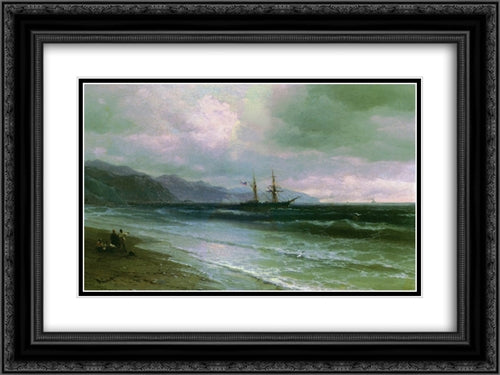 Landscape with a schooner 24x18 Black Ornate Wood Framed Art Print Poster with Double Matting by Aivazovsky, Ivan