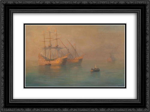 Ships of Columbus 24x18 Black Ornate Wood Framed Art Print Poster with Double Matting by Aivazovsky, Ivan