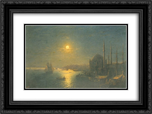 Moonlit view of the Bosphorus 24x18 Black Ornate Wood Framed Art Print Poster with Double Matting by Aivazovsky, Ivan