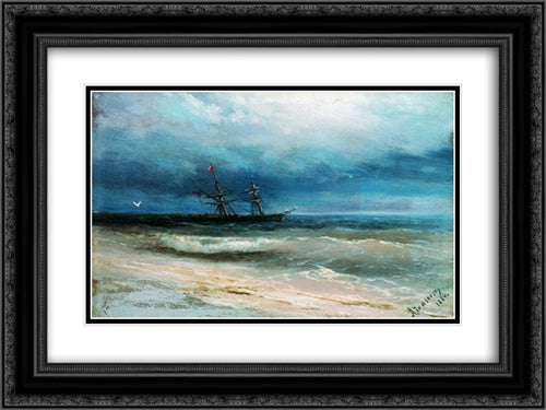 Sea with a ship 24x18 Black Ornate Wood Framed Art Print Poster with Double Matting by Aivazovsky, Ivan