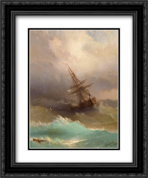 Ship in the Stormy Sea 20x24 Black Ornate Wood Framed Art Print Poster with Double Matting by Aivazovsky, Ivan