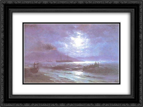 The Bay of Naples by Moonlight 24x18 Black Ornate Wood Framed Art Print Poster with Double Matting by Aivazovsky, Ivan