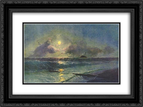 The Moonrize in Feodosiya 24x18 Black Ornate Wood Framed Art Print Poster with Double Matting by Aivazovsky, Ivan