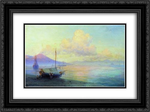 The Bay of Naples in the morning 24x18 Black Ornate Wood Framed Art Print Poster with Double Matting by Aivazovsky, Ivan