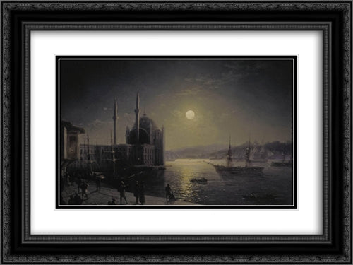 Moonlit Night on the Bosphorus 24x18 Black Ornate Wood Framed Art Print Poster with Double Matting by Aivazovsky, Ivan