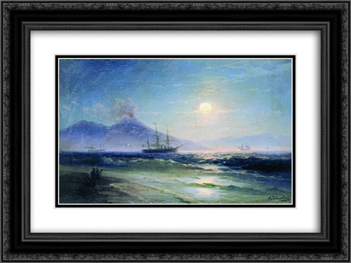 The Bay of Naples at night 24x18 Black Ornate Wood Framed Art Print Poster with Double Matting by Aivazovsky, Ivan